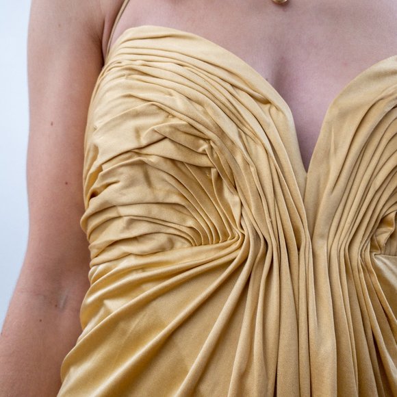 Anthro Y2K XS Silk Ruched Goddess Mini Dress Gold - Picture 2 of 8